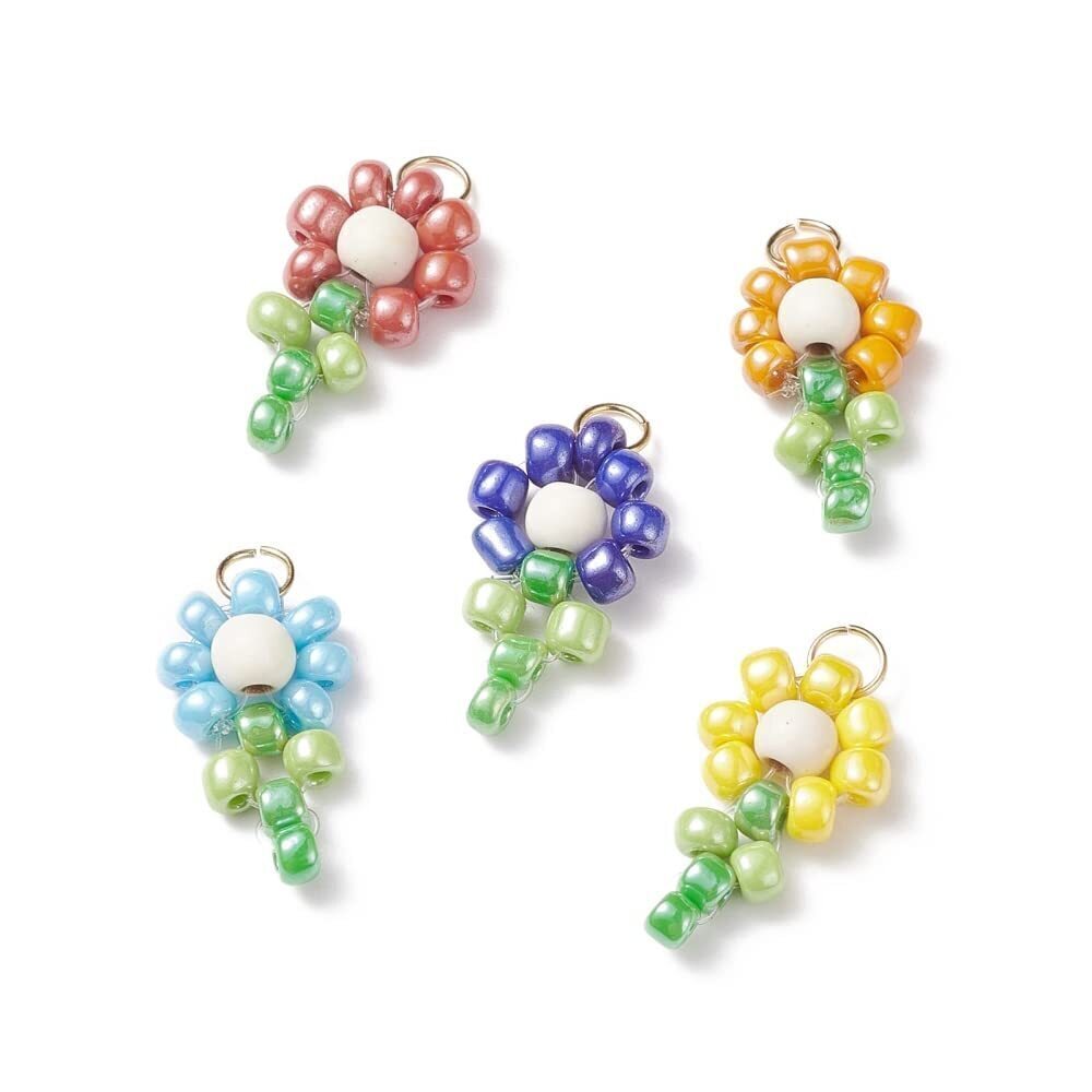 7040 50Pcs Handmade Flower Dangle Charms Colorful Glass Seed Beaded